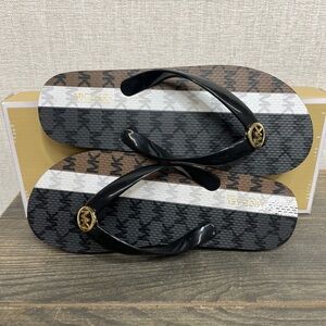 Michael Kors Black Brown and White Logo-Print Flip Flops